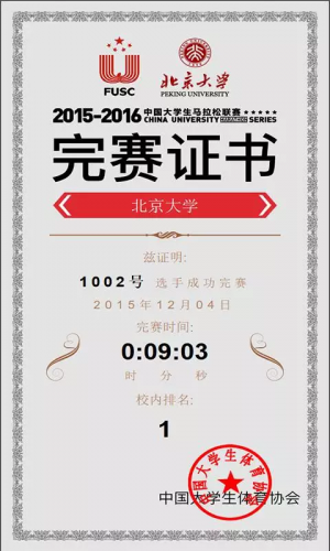 中国大学生体育协会认证完赛证书