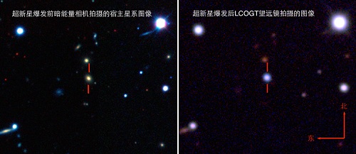 图3：超新星爆发前（左）和爆发后（右）的伪彩色图像。左图是4米望远镜上的暗能量相机拍摄。右图是1米LCOGT望远镜网络拍摄。东苏勃从中国科学院国家天文台有偿使用国外望远镜计划（TAP）获得了1米LCOGT望远镜网络的观测时间。（左图由暗能量巡天项目提供。右图由本杰明·夏皮和“全天自动超新星搜索项目”团队制作） 
