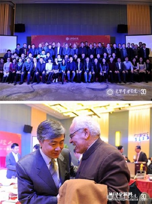 上图为:北大光华陕西校友齐聚慈善晚宴;下图为北京大学西安分院院长姜万军教授与联合国教科文组织世界遗产委员会前任主席贝绍先生