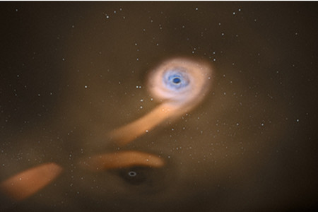 图 1、星系中心彼此绕转的超大质料双黑洞恒星潮汐扯破事件艺术联想图。主黑洞将一颗恒星撕闹翻成细长气体流，该气体流在流向黑洞酿成围绕黑洞旋转的吸积盘时被高温加热产生浓烈X-射线辐射。当次黑洞绕转到气体流隔邻（但不穿过）时，产生的抑止性引力扰算作用负气体流中部分气体流飞离，留住一段闲逸。X-射线出现骤然着落直至暗淡得志对应闲逸到达主黑洞时候。（绘制：ESA -C. Carreau）
